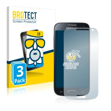 Face avant d’un emballage produit avec le logo de la marque BROTECT. À côté, l’appareil Samsung Galaxy S4 Mini LTE (4G) I9195 