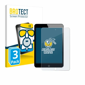 Face avant d’un emballage produit avec le logo de la marque BROTECT. À côté, l’appareil Apple iPad Mini 2 2013 est représenté 