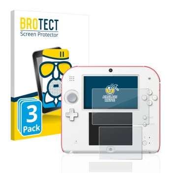 Face avant d’un emballage produit avec le logo de la marque BROTECT. À côté, l’appareil Nintendo 2DS est représenté avec la pr