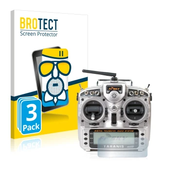 Face avant d’un emballage produit avec le logo de la marque BROTECT. À côté, l’appareil FrSky Taranis X9D est représenté avec 