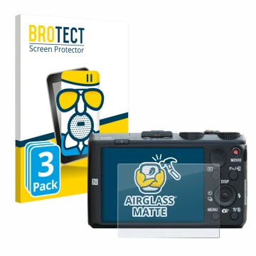 Face avant d’un emballage produit avec le logo de la marque BROTECT. À côté, l’appareil Sony Cyber-Shot DSC-HX60 est représent