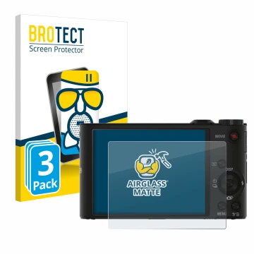 Face avant d’un emballage produit avec le logo de la marque BROTECT. À côté, l’appareil Sony Cyber-Shot DSC-WX350 est représen