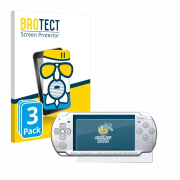 Face avant d’un emballage produit avec le logo de la marque BROTECT. À côté, l’appareil Sony PSP 2004 est représenté avec la p