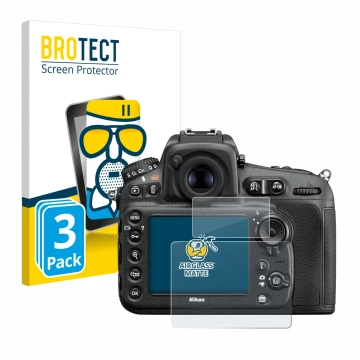 Face avant d’un emballage produit avec le logo de la marque BROTECT. À côté, l’appareil Nikon D810 est représenté avec la prot