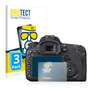 Face avant d’un emballage produit avec le logo de la marque BROTECT. À côté, l’appareil Canon EOS 7D Mark II est représenté av