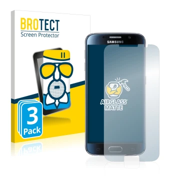 Face avant d’un emballage produit avec le logo de la marque BROTECT. À côté, l’appareil Samsung Galaxy S6 est représenté avec 