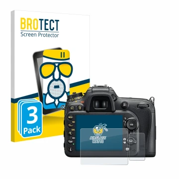 Face avant d’un emballage produit avec le logo de la marque BROTECT. À côté, l’appareil Nikon D7200 est représenté avec la pro