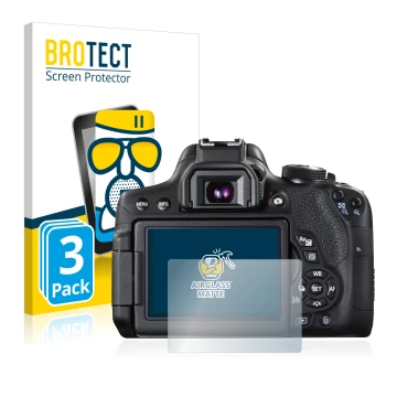 Face avant d’un emballage produit avec le logo de la marque BROTECT. À côté, l’appareil Canon EOS 750D est représenté avec la 