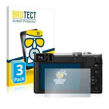 Face avant d’un emballage produit avec le logo de la marque BROTECT. À côté, l’appareil Panasonic Lumix DMC-TZ70 est représent