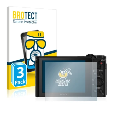 Face avant d’un emballage produit avec le logo de la marque BROTECT. À côté, l’appareil Sony Cyber-Shot DSC-HX90V est représen