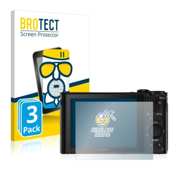 Face avant d’un emballage produit avec le logo de la marque BROTECT. À côté, l’appareil Sony Cyber-Shot DSC-WX500 est représen