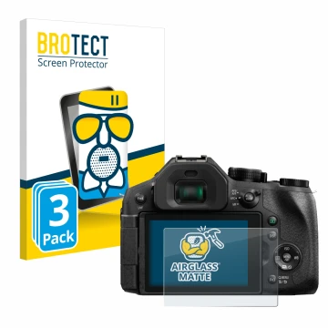 Face avant d’un emballage produit avec le logo de la marque BROTECT. À côté, l’appareil Panasonic Lumix DMC-FZ300 est représen