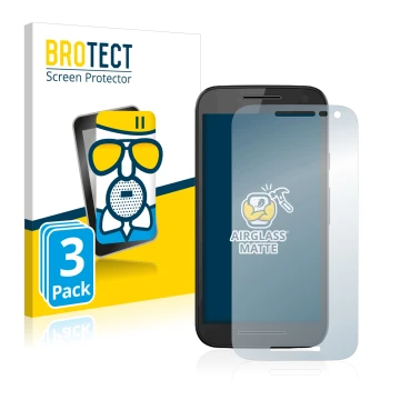 Face avant d’un emballage produit avec le logo de la marque BROTECT. À côté, l’appareil Motorola Moto G 3rd 2015 est représent