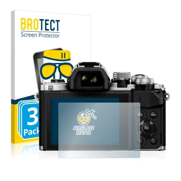 Face avant d’un emballage produit avec le logo de la marque BROTECT. À côté, l’appareil Olympus OM-D E-M10 Mark II est représe