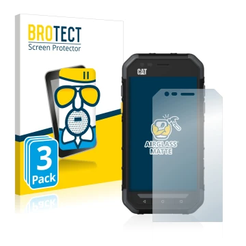 Face avant d’un emballage produit avec le logo de la marque BROTECT. À côté, l’appareil Caterpillar Cat S30 est représenté ave