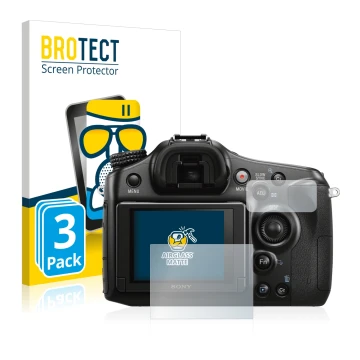 Face avant d’un emballage produit avec le logo de la marque BROTECT. À côté, l’appareil Sony Alpha 68 est représenté avec la p