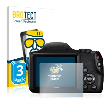 Face avant d’un emballage produit avec le logo de la marque BROTECT. À côté, l’appareil Canon PowerShot SX540 HS est représent