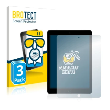 Face avant d’un emballage produit avec le logo de la marque BROTECT. À côté, l’appareil Apple iPad Pro 9.7