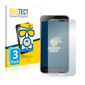 Face avant d’un emballage produit avec le logo de la marque BROTECT. À côté, l’appareil Samsung Galaxy J3 Duos 2016 est représ