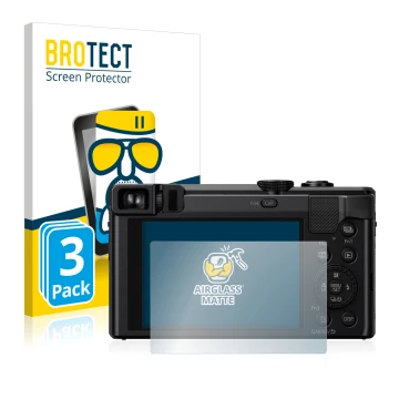 Face avant d’un emballage produit avec le logo de la marque BROTECT. À côté, l’appareil Panasonic Lumix DMC-TZ80 est représent