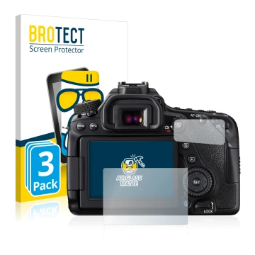 Face avant d’un emballage produit avec le logo de la marque BROTECT. À côté, l’appareil Canon EOS 80D est représenté avec la p