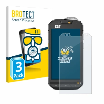 Face avant d’un emballage produit avec le logo de la marque BROTECT. À côté, l’appareil Caterpillar Cat S60 est représenté ave