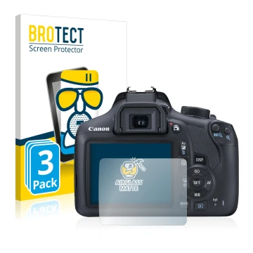 Face avant d’un emballage produit avec le logo de la marque BROTECT. À côté, l’appareil Canon EOS 1300D est représenté avec la