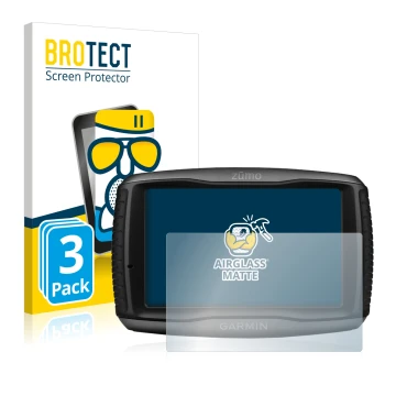 Face avant d’un emballage produit avec le logo de la marque BROTECT. À côté, l’appareil Garmin zumo 595LM est représenté avec 