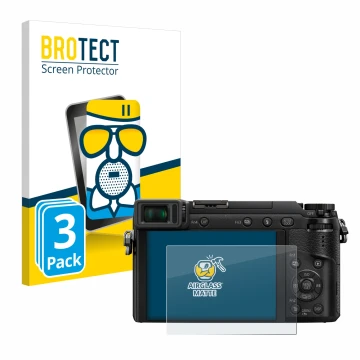 Face avant d’un emballage produit avec le logo de la marque BROTECT. À côté, l’appareil Panasonic Lumix DMC-GX80 est représent