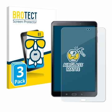 Face avant d’un emballage produit avec le logo de la marque BROTECT. À côté, l’appareil Samsung Galaxy Tab A 10.1 2016 SM-T585