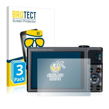 Face avant d’un emballage produit avec le logo de la marque BROTECT. À côté, l’appareil Canon PowerShot SX620 HS est représent