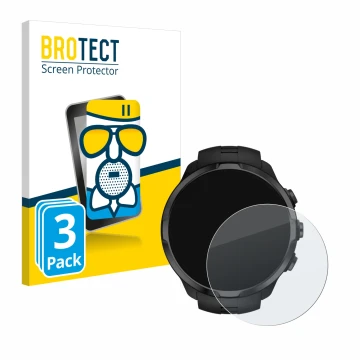 Face avant d’un emballage produit avec le logo de la marque BROTECT. À côté, l’appareil Suunto Spartan Sport Wrist HR est repr