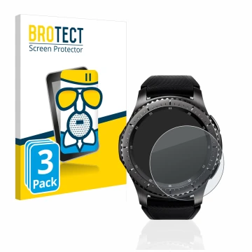 Face avant d’un emballage produit avec le logo de la marque BROTECT. À côté, l’appareil Samsung Gear S3 Frontier est représent