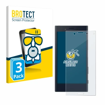 Face avant d’un emballage produit avec le logo de la marque BROTECT. À côté, l’appareil Sony Xperia X Compact est représenté a