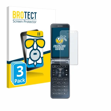 Face avant d’un emballage produit avec le logo de la marque BROTECT. À côté, l’appareil Samsung Galaxy Folder 2 est représenté