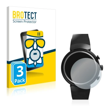 Face avant d’un emballage produit avec le logo de la marque BROTECT. À côté, l’appareil ASUS ZenWatch 3 1.39