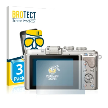 Face avant d’un emballage produit avec le logo de la marque BROTECT. À côté, l’appareil Olympus PEN E-PL8 est représenté avec 