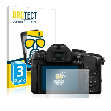 Face avant d’un emballage produit avec le logo de la marque BROTECT. À côté, l’appareil Panasonic Lumix DMC-G81 est représenté