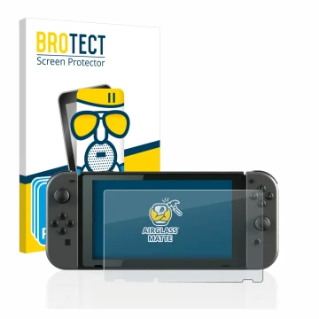 Face avant d’un emballage produit avec le logo de la marque BROTECT. À côté, l’appareil Nintendo Switch est représenté avec la