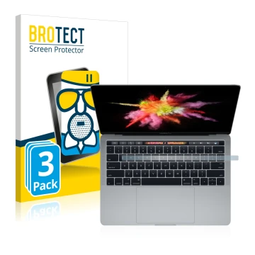 Face avant d’un emballage produit avec le logo de la marque BROTECT. À côté, l’appareil Apple MacBook Pro 13
