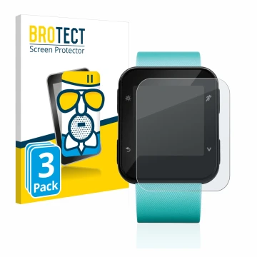 Face avant d’un emballage produit avec le logo de la marque BROTECT. À côté, l’appareil Garmin Forerunner 35 est représenté av