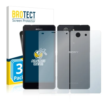 Face avant d’un emballage produit avec le logo de la marque BROTECT. À côté, l’appareil Sony Xperia Z3 Compact D5803 (Avant+Ar