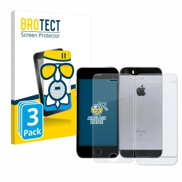 Face avant d’un emballage produit avec le logo de la marque BROTECT. À côté, l’appareil Apple iPhone SE 2016 (Avant+Arrière) e