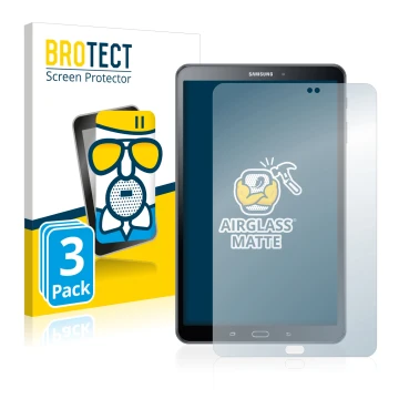 Face avant d’un emballage produit avec le logo de la marque BROTECT. À côté, l’appareil Samsung Galaxy Tab A 10.1 2016 est rep
