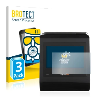 Face avant d’un emballage produit avec le logo de la marque BROTECT. À côté, l’appareil Signotec Signature Pad Gamma est repré