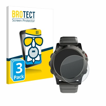 Face avant d’un emballage produit avec le logo de la marque BROTECT. À côté, l’appareil Garmin Fenix 5X (51 mm) est représenté