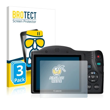 Face avant d’un emballage produit avec le logo de la marque BROTECT. À côté, l’appareil Canon PowerShot SX430 IS est représent