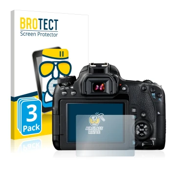 Face avant d’un emballage produit avec le logo de la marque BROTECT. À côté, l’appareil Canon EOS 77D est représenté avec la p