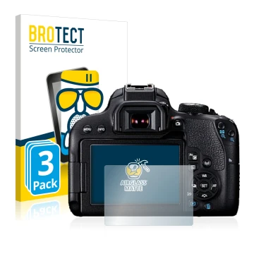 Face avant d’un emballage produit avec le logo de la marque BROTECT. À côté, l’appareil Canon EOS 800D est représenté avec la 