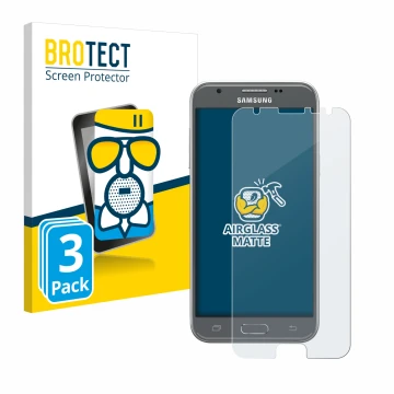 Face avant d’un emballage produit avec le logo de la marque BROTECT. À côté, l’appareil Samsung Galaxy J3 2017 est représenté 